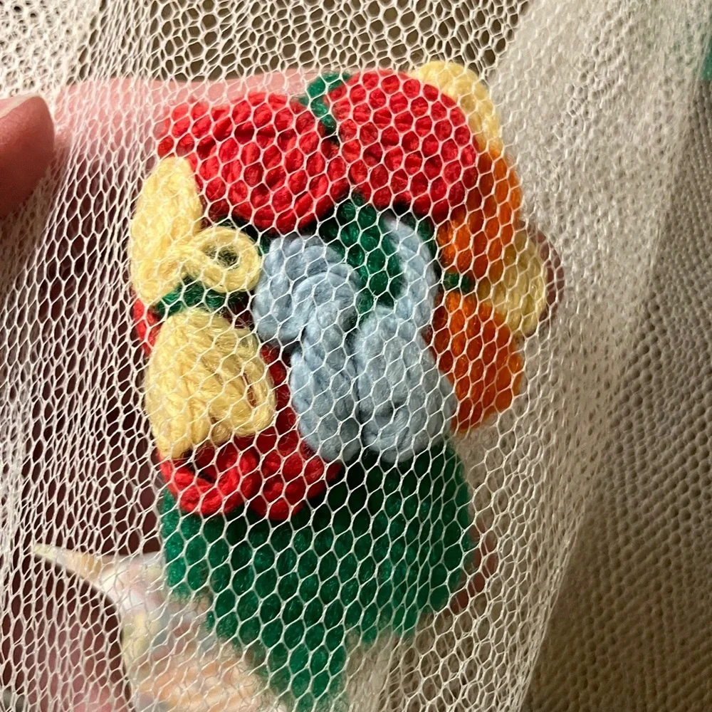 Vintage apron netting with yarn decoration and satin tie sheer 1960’s